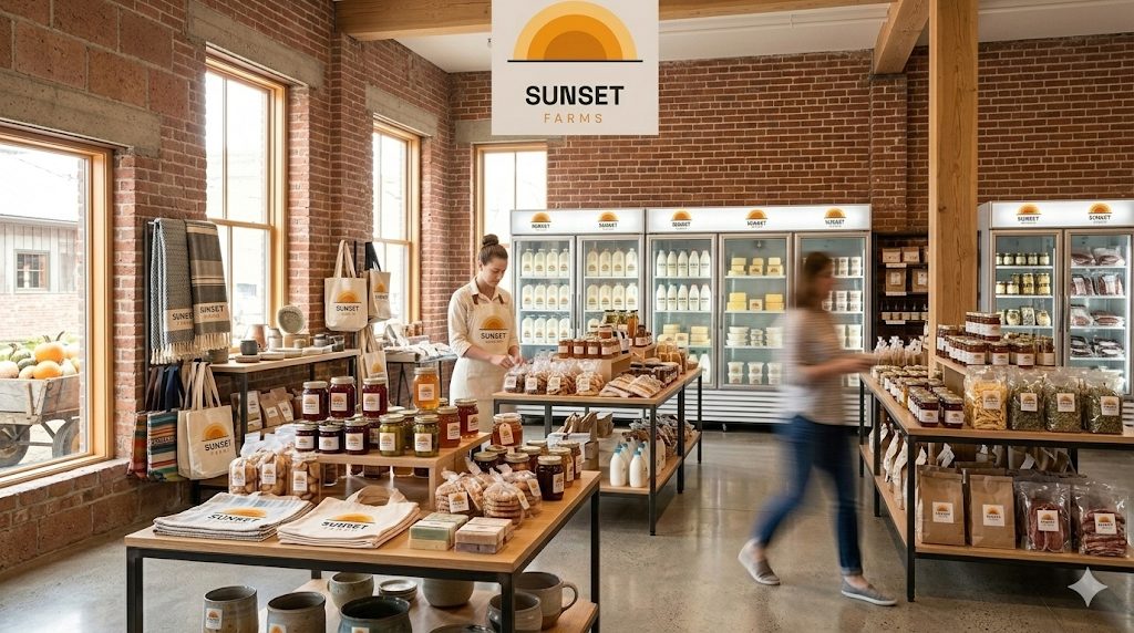 Inside the Sunset Farms country store, wood shelving stocked with farm-raised meat, eggs, honey, and pantry goods