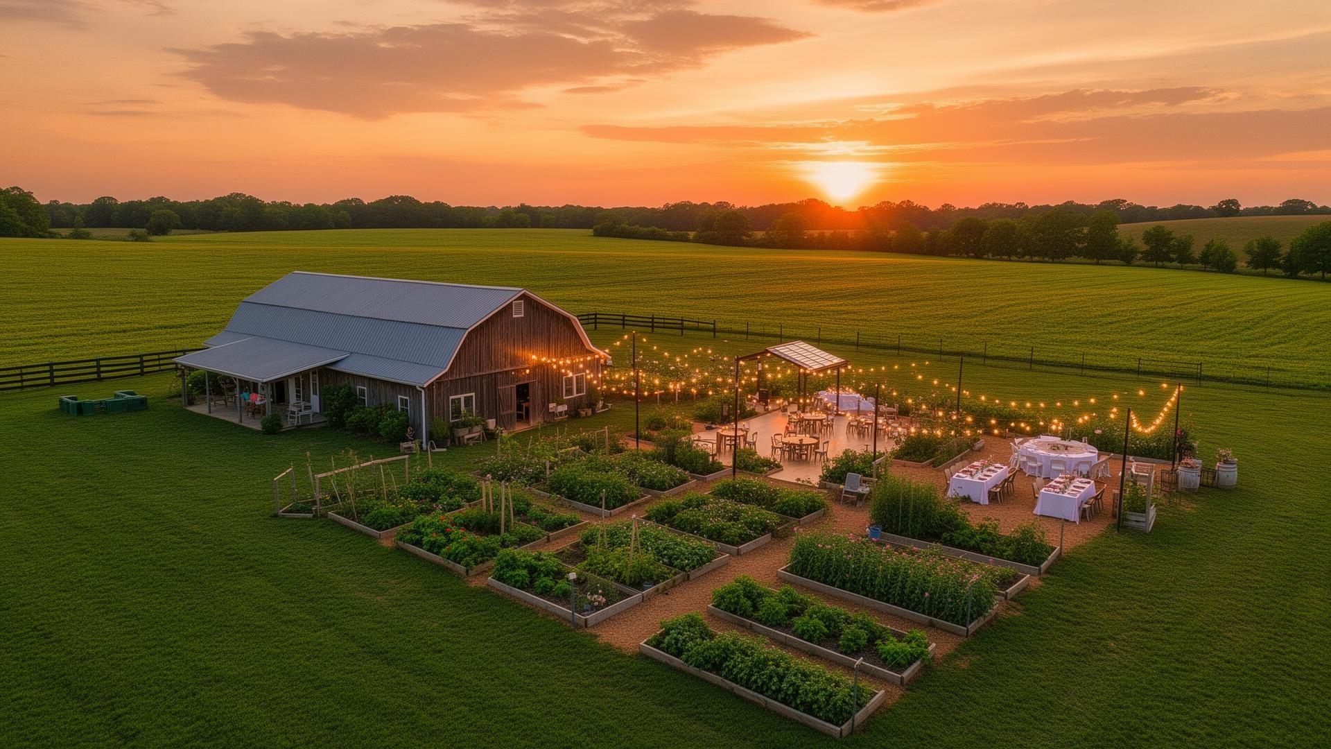 The Sunset Farms barn and home fields from above
