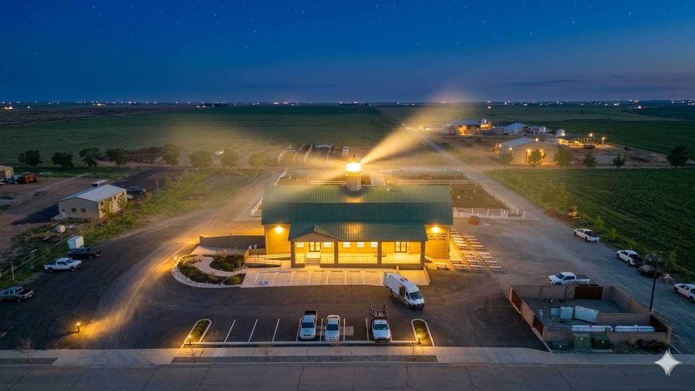 The Sunset Farms country store lit up at dusk, ringed by the home fields