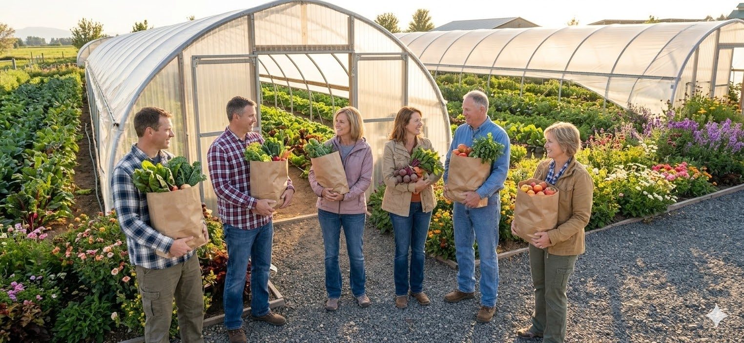 Neighbors holding bags of just-harvested Sunset Farms produce by the garden hoop house