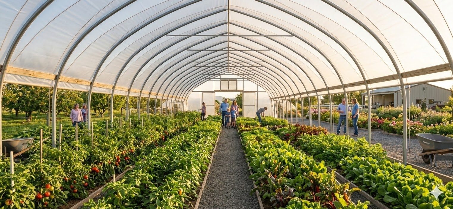 Rows of peppers and greens growing in the Sunset Farms garden hoop house