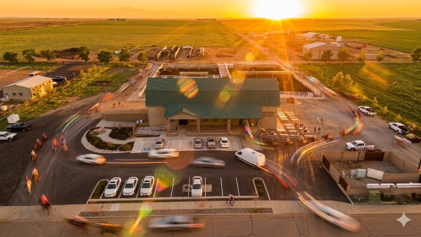 The Sunset Farms country store at golden hour, where Saturday pickups happen